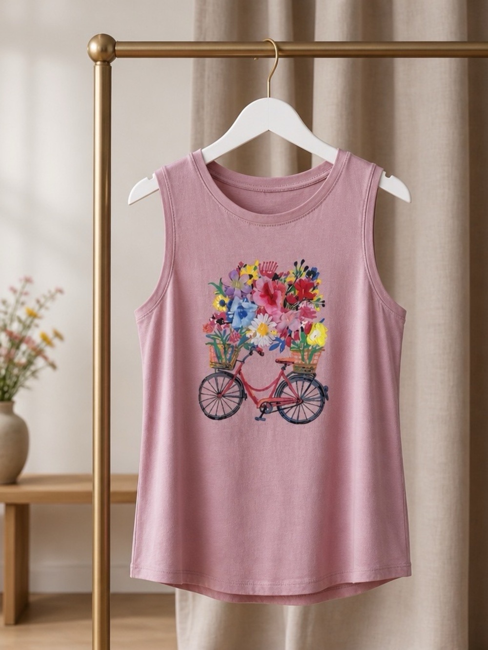 Kiwi Fresh Floral Bicycle Graphic Tank Top
Womens size Small Pink with Floral